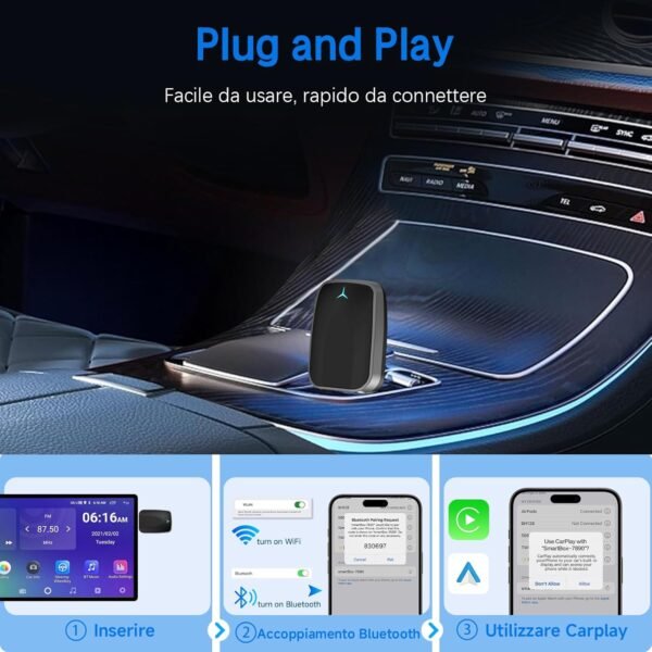 Adattatore Wireless CarPlay - connessione Bluetooth, Plug and Play, compatibile con la maggior parte delle auto, funziona con iOS 10 e versioni successive, nonché con Android 11 e versioni successive - Image 4