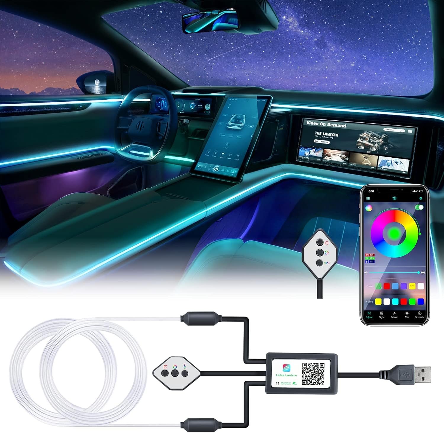 Boadw Striscia Led Auto 5V 5050 RGB Illuminazione Ambientale Auto 4m, Led Strip Car con APP,Pulsante di Controllo,Luce di Atmosfera USB Neon Luce di Musica Striscia Nero Cavo