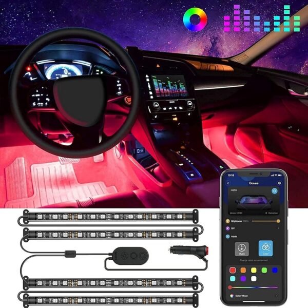 Govee Striscia LED Auto con APP, 4pcs 22cm Luci LED Interne per Auto con 9 Colori Multicolore Due linee Design, Musica sotto il cruscotto Kit di illuminazione, DC 12V