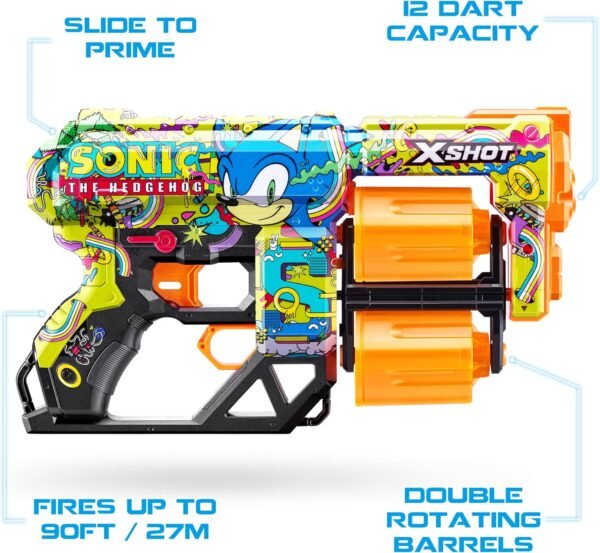 Pistola XSHOT Skins Dread Sonic Hyper Spike - Sonic il Riccio di ZURU con 24 dardi, doppia canna rotante, dardi con tecnologia a sacca d'aria, pistola giocattolo gommapiuma per bambini - Image 4