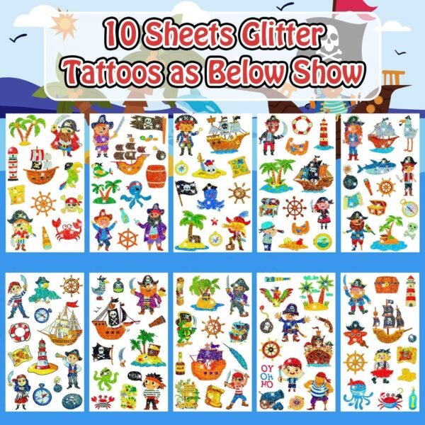 Leesgel Glitter Tatuaggi Pirata per Bambini, 125 Stili Tatuaggi Temporanei Bambini Trasferelli per Bambini, Gadget Compleanno Bambini Festa Compleanno Invitati - Image 2