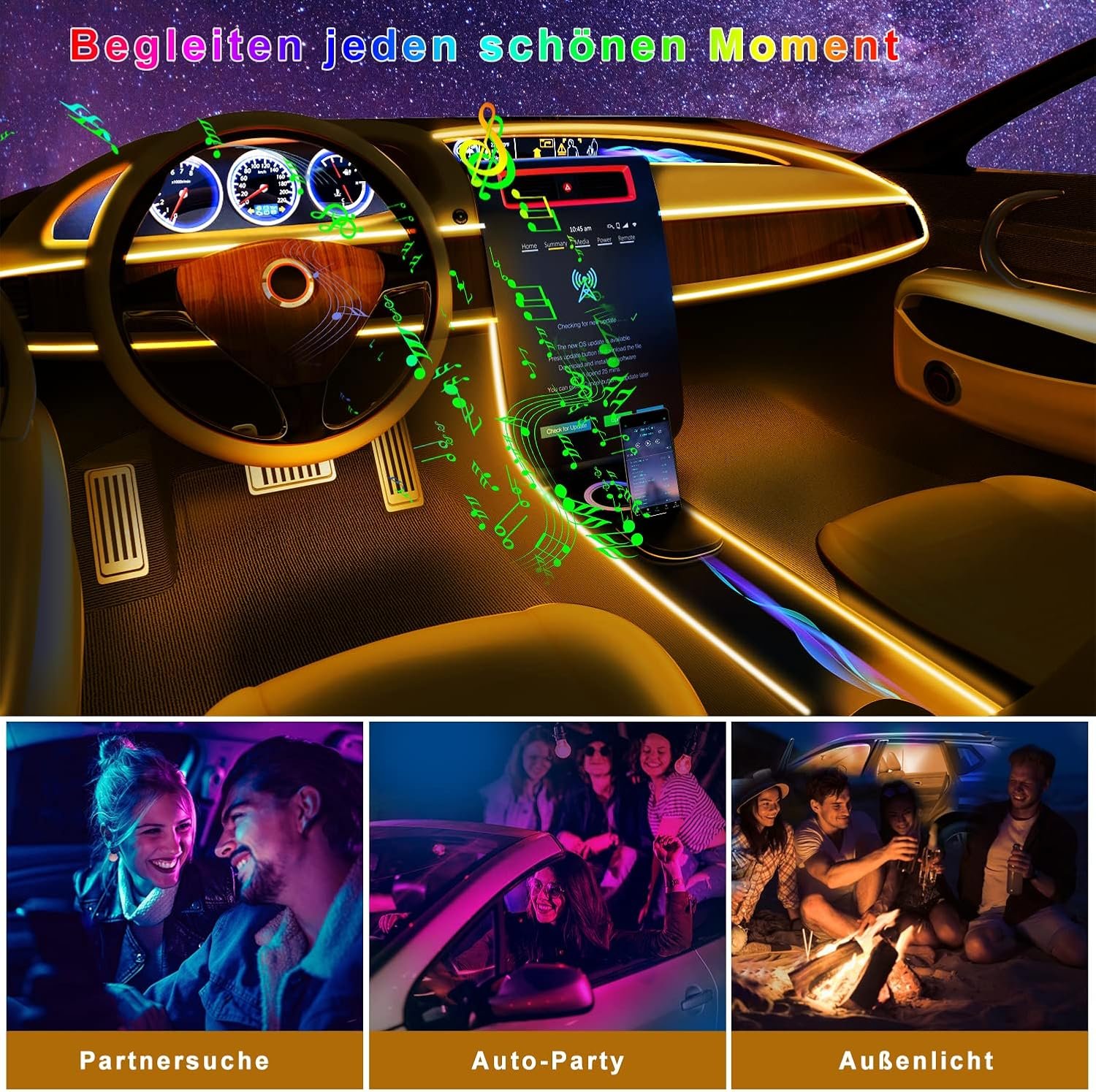 Boadw Striscia Led Auto 5V 5050 RGB Illuminazione Ambientale Auto 4m, Led Strip Car con APP,Pulsante di Controllo,Luce di Atmosfera USB Neon Luce di Musica Striscia Nero Cavo - Image 5