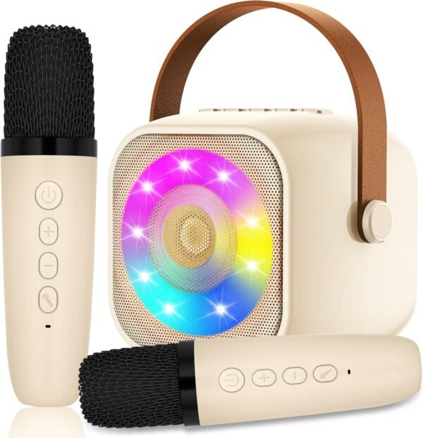 Karaoke per Bambini con 2 Microfoni, Microfono Bambini con Luce LED, Macchina Karaoke Portatile Microfono Wireless con Effetti di Cambio Voce, Giocattoli Elettronici Regali per Bambini da 3 a 18 anni