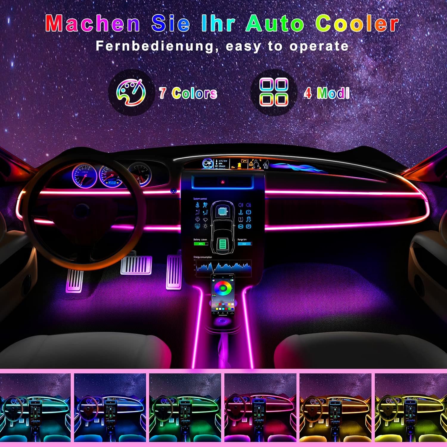 Boadw Striscia Led Auto 5V 5050 RGB Illuminazione Ambientale Auto 4m, Led Strip Car con APP,Pulsante di Controllo,Luce di Atmosfera USB Neon Luce di Musica Striscia Nero Cavo - Image 2