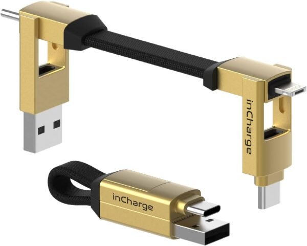 inCharge Rolling Square, 6 Portachiavi con Cavo Usb Type-c, Cavetto Universale Cellulare, Regalo Uomo, Caricatore Universale Cellulare 6 in 1, Gadget Tecnologico, Gold, Cavo Lightning da 15W
