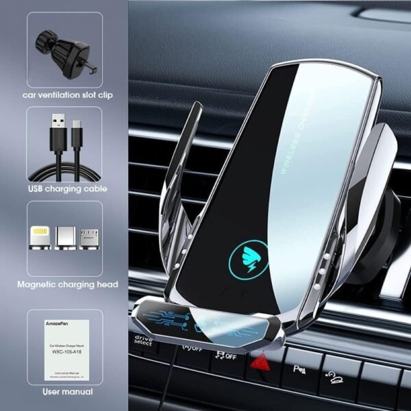AmazeFan Caricatore Wireless Auto 15W Caricabatterie wireless per cellulari rapido Compatibile con iPhone Samsung Huawei ecc. Supporto per cellulare da auto Rotazione a 360 °, Argento - Image 5