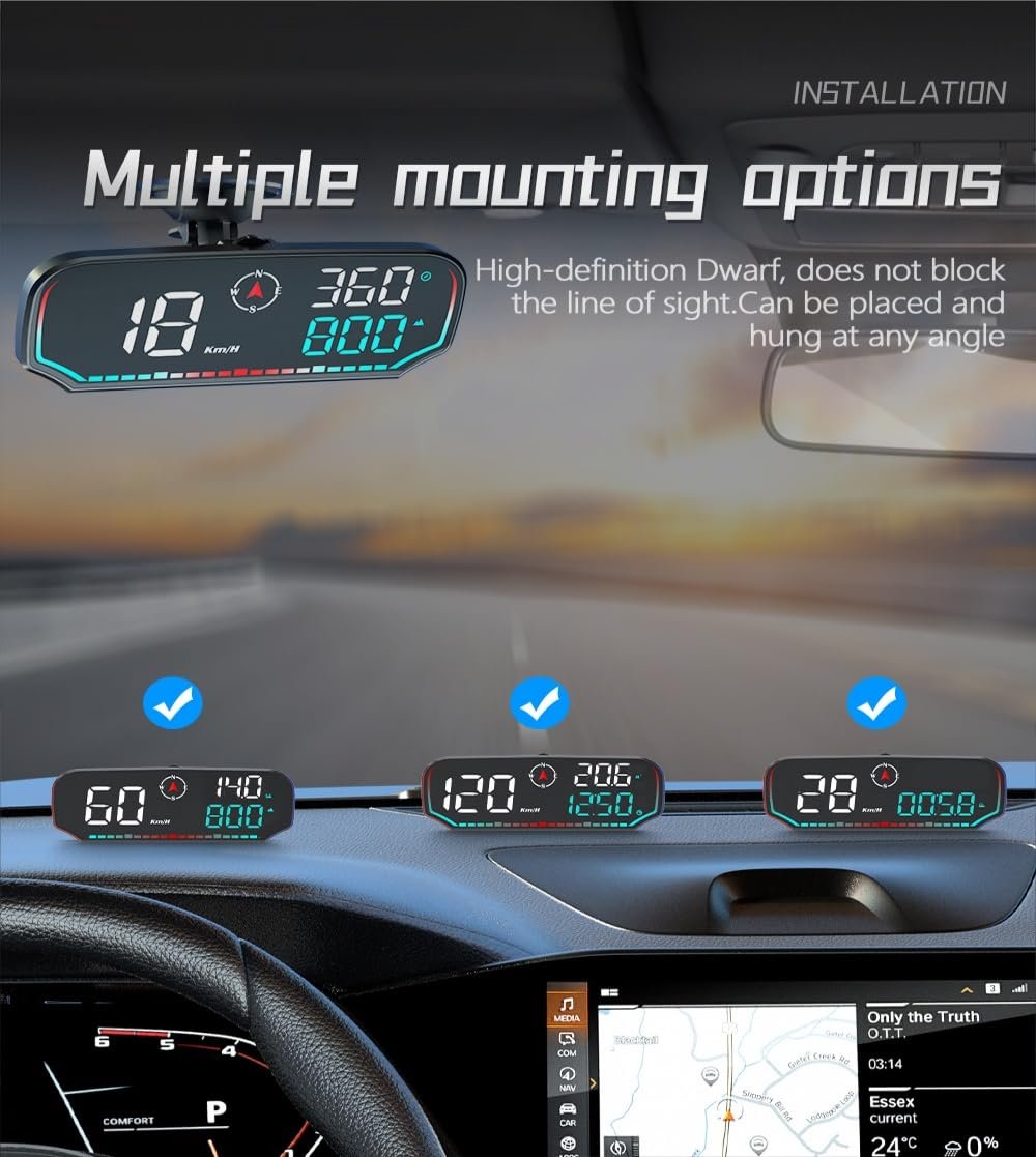 OBEST Car HUD Auto Head Up Display Auto HUD GPS- Tachimetro digitale GPS per auto, Allarme Velocità,con supporto a ventosa girevole - Image 4