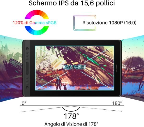 HUION KAMVAS Pro 16 Tavoletta Grafica con Display IPS da 15,6 Pollici con Monitor Grafico Completo in Laminato, 6 Tasti di Scelta Rapida Personalizzabili e 1 Touch Bar e Stilo Senza Batteria - Image 2