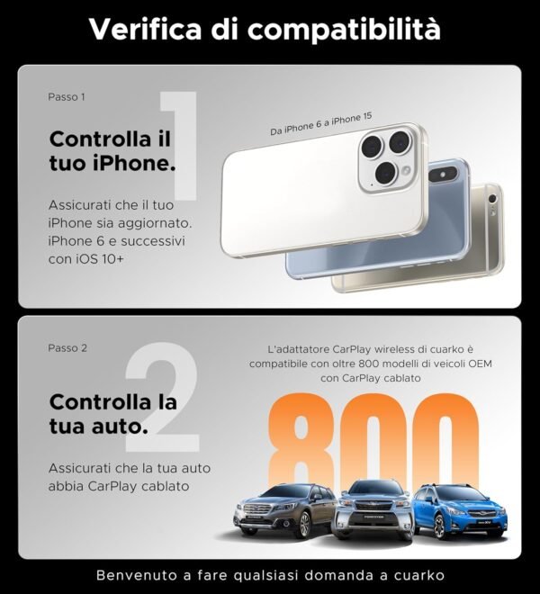 cuarko Adattatore Wireless CarPlay, | Connessione rapida | Converte CarPlay cablato in CarPlay wireless ( Adattatore extra da USB A a C ), Compatibile con iPhone 6, iOS 10 e successivi - Image 6
