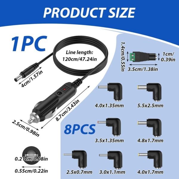 SRLWMYI Caricatore per auto 12V 2A con cavo di alimentazione universale e presa accendisigari con 8 adattatori per diversi dispositivi in ​​auto. 24W 5,5 x 2,1 mm. - Image 2
