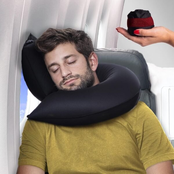 Cuscini gonfiabili da viaggio per aerei, auto e casa, design a J, supporto collo e mento, rigidità regolabile, cuscino cervicale gonfiabile per viaggiare in aereo, cuscini per il collo gonfiabili per