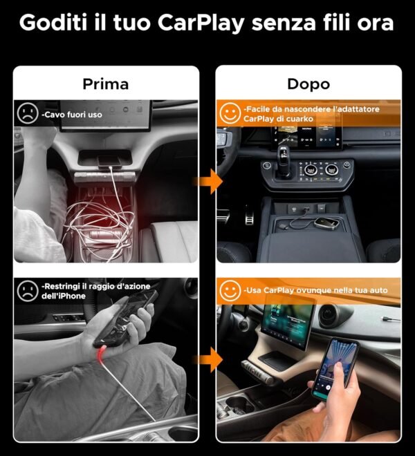 cuarko Adattatore Wireless CarPlay, | Connessione rapida | Converte CarPlay cablato in CarPlay wireless ( Adattatore extra da USB A a C ), Compatibile con iPhone 6, iOS 10 e successivi - Image 4
