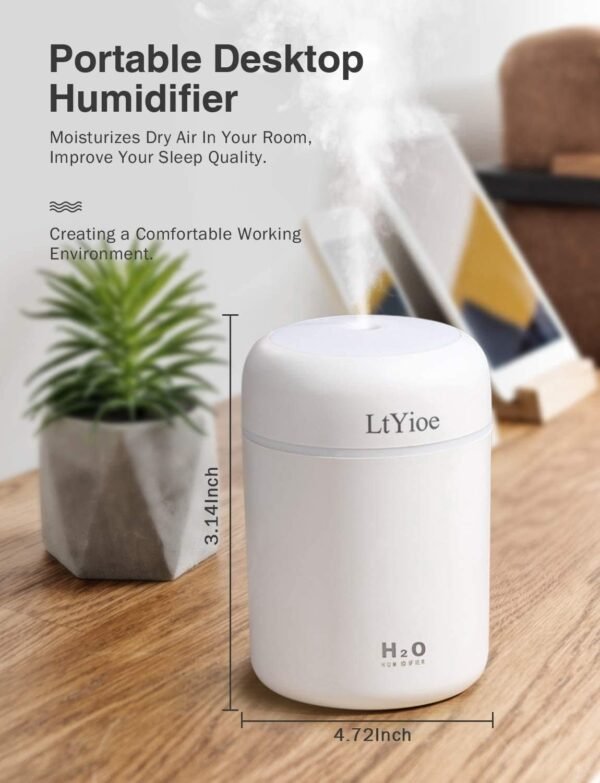 LtYioe - Mini umidificatore da scrivania per auto, ufficio, camera da letto, ecc. Spegnimento automatico, 2 modalità di nebbia, super silenzioso(bianco) - Image 2