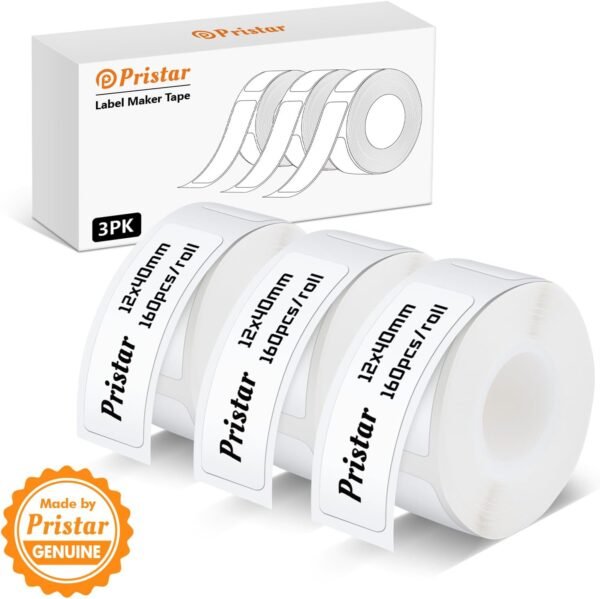 Pristar Etichette P15, 3 Rotoli, 12mm x 40mm, Nastro Adesivo Termico, Compatibile con P15 Label Maker, Bianco, 160 Etichette/Rotolo