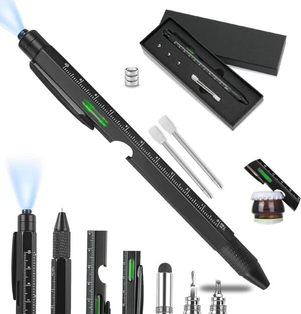 Keyck Regalo Uomo, Regali per la Festa del Papà, Multifunzione 9 in 1 Penna Regalo Penna Tecnologica Apribottiglie con Luce LED Utili Gadget Esterni, Regalo Originale per Lui Uomo Artigiani, Nero