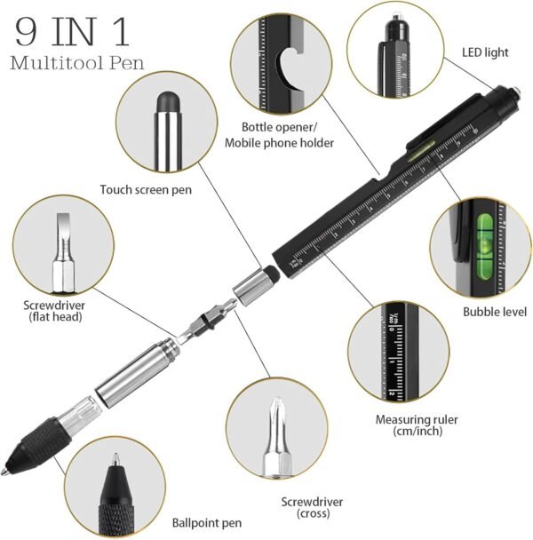 Keyck Regalo Uomo, Regali per la Festa del Papà, Multifunzione 9 in 1 Penna Regalo Penna Tecnologica Apribottiglie con Luce LED Utili Gadget Esterni, Regalo Originale per Lui Uomo Artigiani, Nero - Image 2