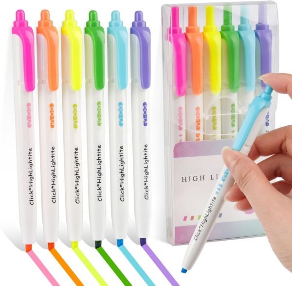 Set di 6 evidenziatori retrattili, 6 colori vivaci, con tecnologia a clic, perfetti per evidenziare diario o taccuino a scuola, ufficio