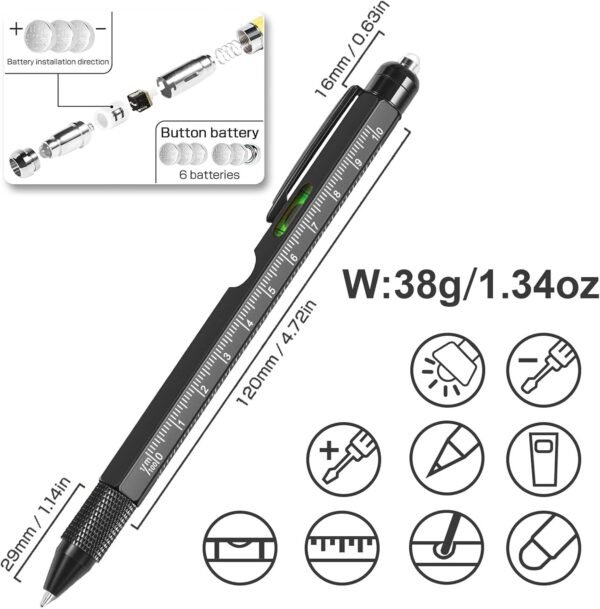 Keyck Regalo Uomo, Regali per la Festa del Papà, Multifunzione 9 in 1 Penna Regalo Penna Tecnologica Apribottiglie con Luce LED Utili Gadget Esterni, Regalo Originale per Lui Uomo Artigiani, Nero - Image 3