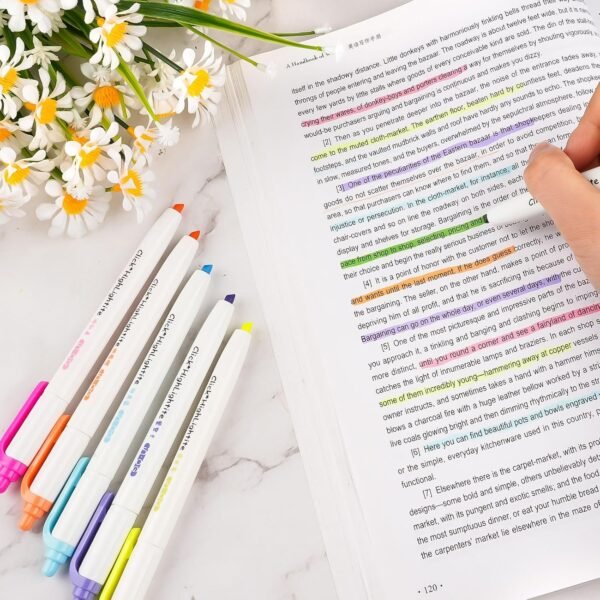 Set di 6 evidenziatori retrattili, 6 colori vivaci, con tecnologia a clic, perfetti per evidenziare diario o taccuino a scuola, ufficio - Image 7