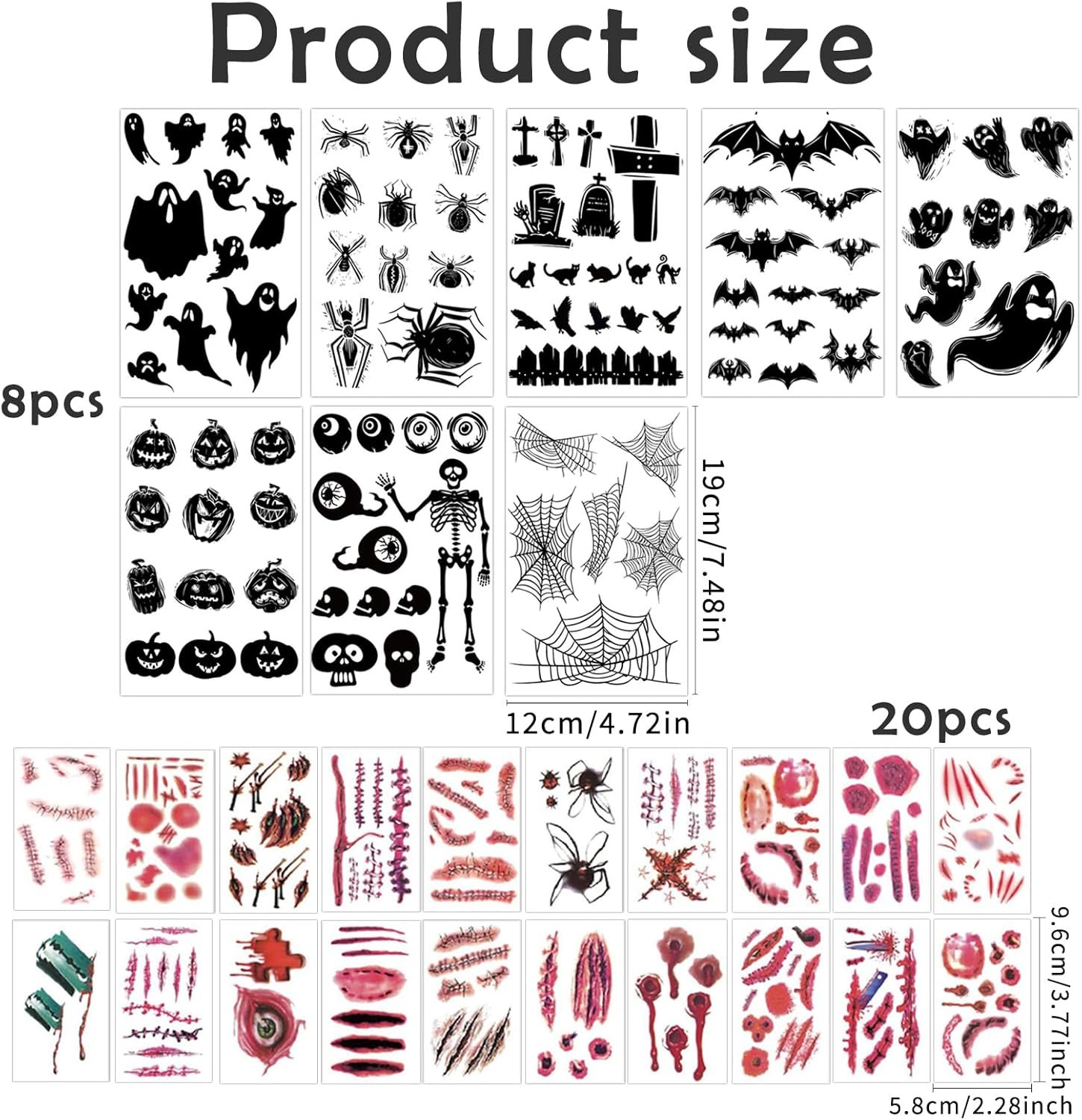 Tatuaggi temporanei di Halloween per bambini, 8 fogli, 20 fogli, tatuaggi temporanei con cicatrici, 3D, realistici, impermeabili, tatoo spaventoso e sanguinoso per mascherata, trucco gotico, - Image 3