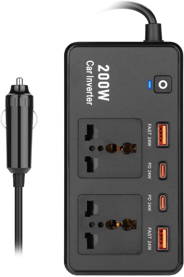 Inverter di potenza per auto, 200 W, da CC 12 V a CA 220 V, con porte USB per tablet, computer portatili e dispositivi mobili, lunghi viaggi d'affari