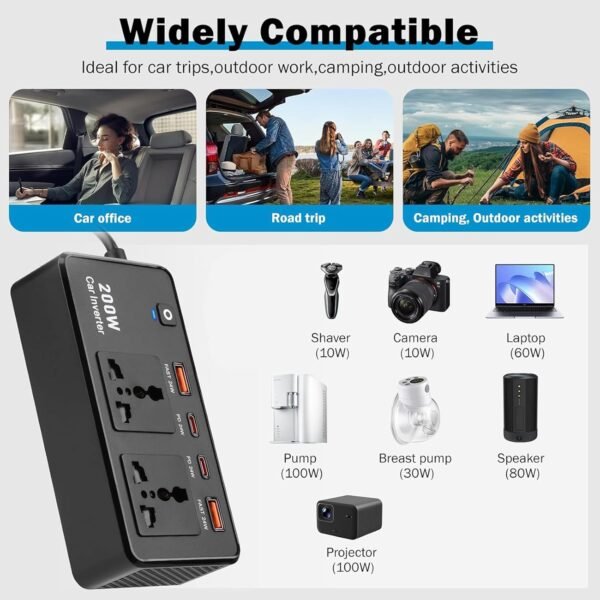 Inverter di potenza per auto, 200 W, da CC 12 V a CA 220 V, con porte USB per tablet, computer portatili e dispositivi mobili, lunghi viaggi d'affari - Image 2