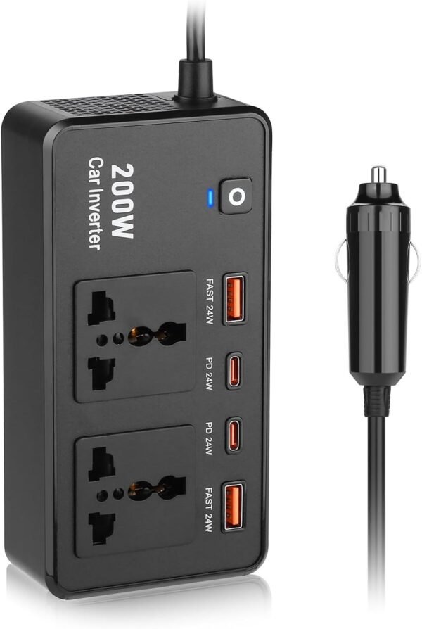 Inverter di potenza per auto, 200 W, da CC 12 V a CA 220 V, con porte USB per tablet, computer portatili e dispositivi mobili, lunghi viaggi d'affari - Image 3