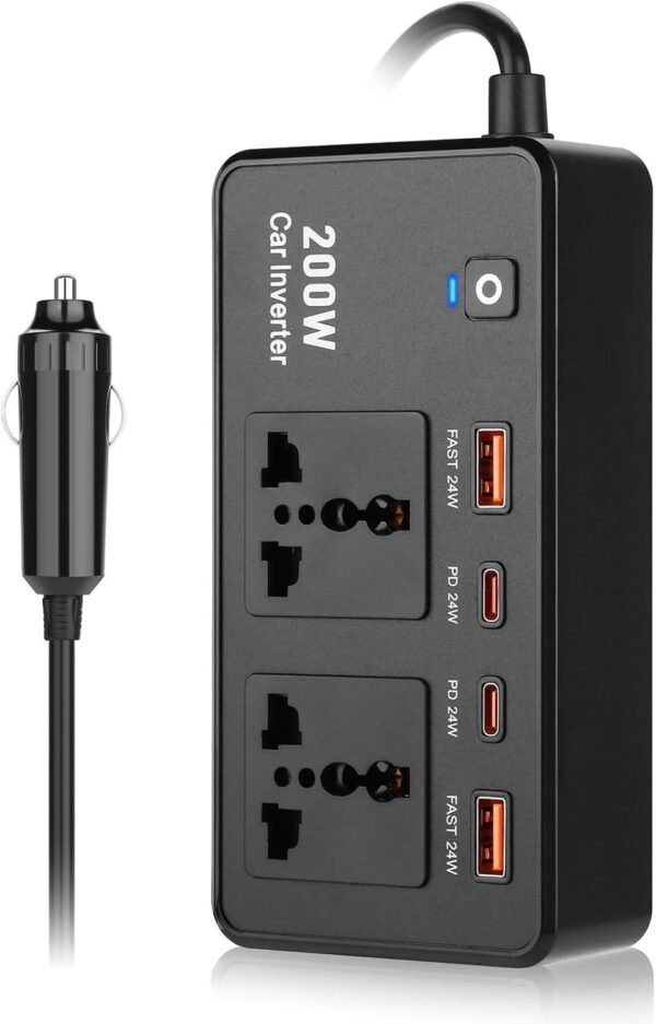 Inverter di potenza per auto, 200 W, da CC 12 V a CA 220 V, con porte USB per tablet, computer portatili e dispositivi mobili, lunghi viaggi d'affari - Image 5
