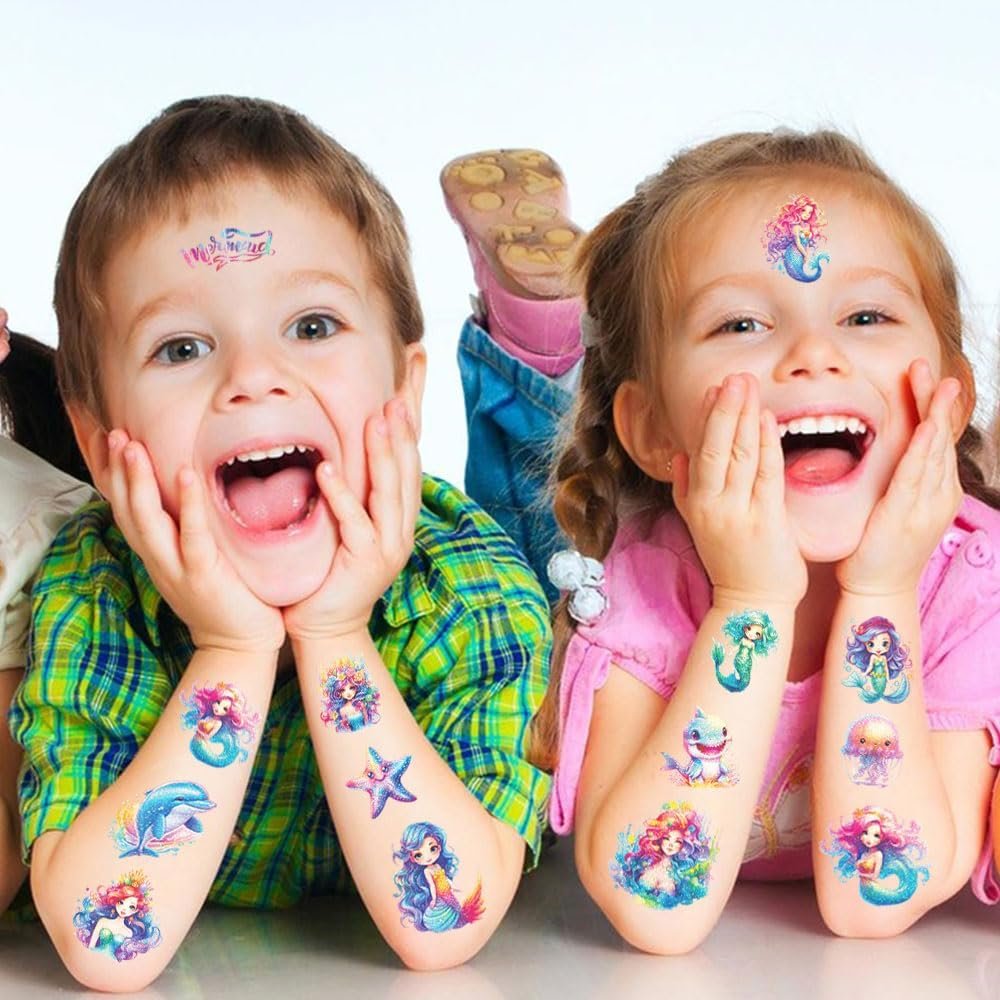 Sirena Tatuaggio Glitter Bambini, 12 Foglie Tatuaggi Temporanei per Bambinis, Ragazzo Ragazza Gadget Compleanno, Idee Regalo, Piccola Selvaggina - Image 4