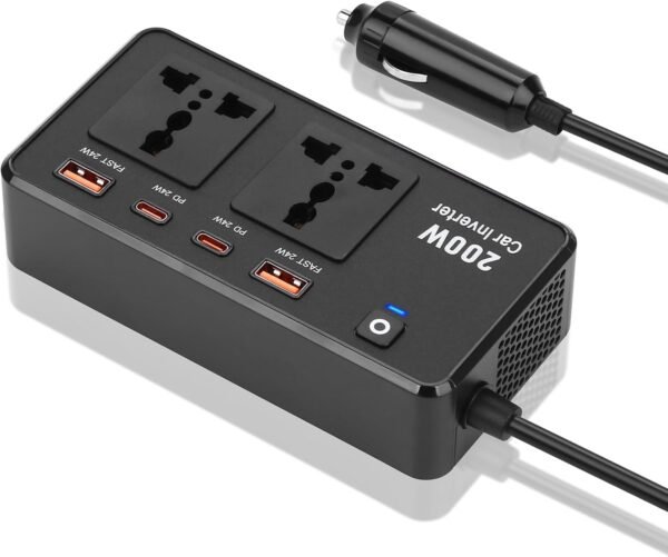 Inverter di potenza per auto, 200 W, da CC 12 V a CA 220 V, con porte USB per tablet, computer portatili e dispositivi mobili, lunghi viaggi d'affari - Image 4