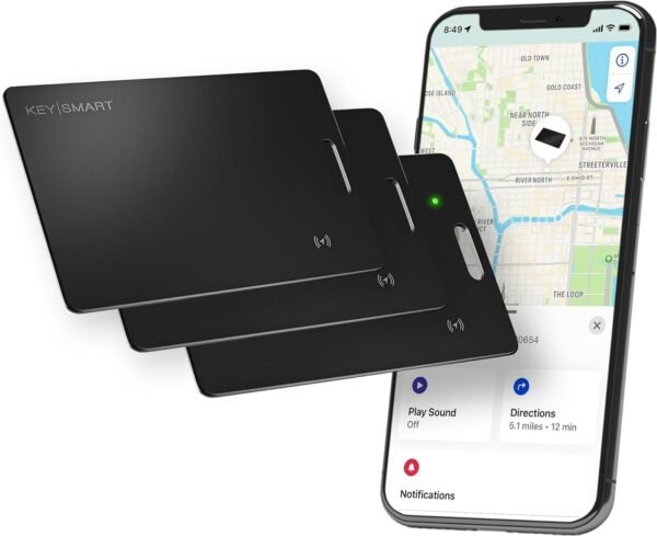 KEYSMART SmartCard Carta Tracker GPS Portafoglio, Ricaricabile e Riutilizzabile, Versatile Foro per Portachiavi, Compatibile Apple Dov’è, Localizzatore GPS per Valigia (Nero, Confezione da 3)