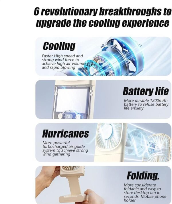 Ventilatore da viaggio pieghevole, ventilatore portatile portatile,Ventilatore a batteria pieghevole con display digitale | Gadget di raffreddamento, soffiatore di raffreddamento per dormitorio camera - Image 8