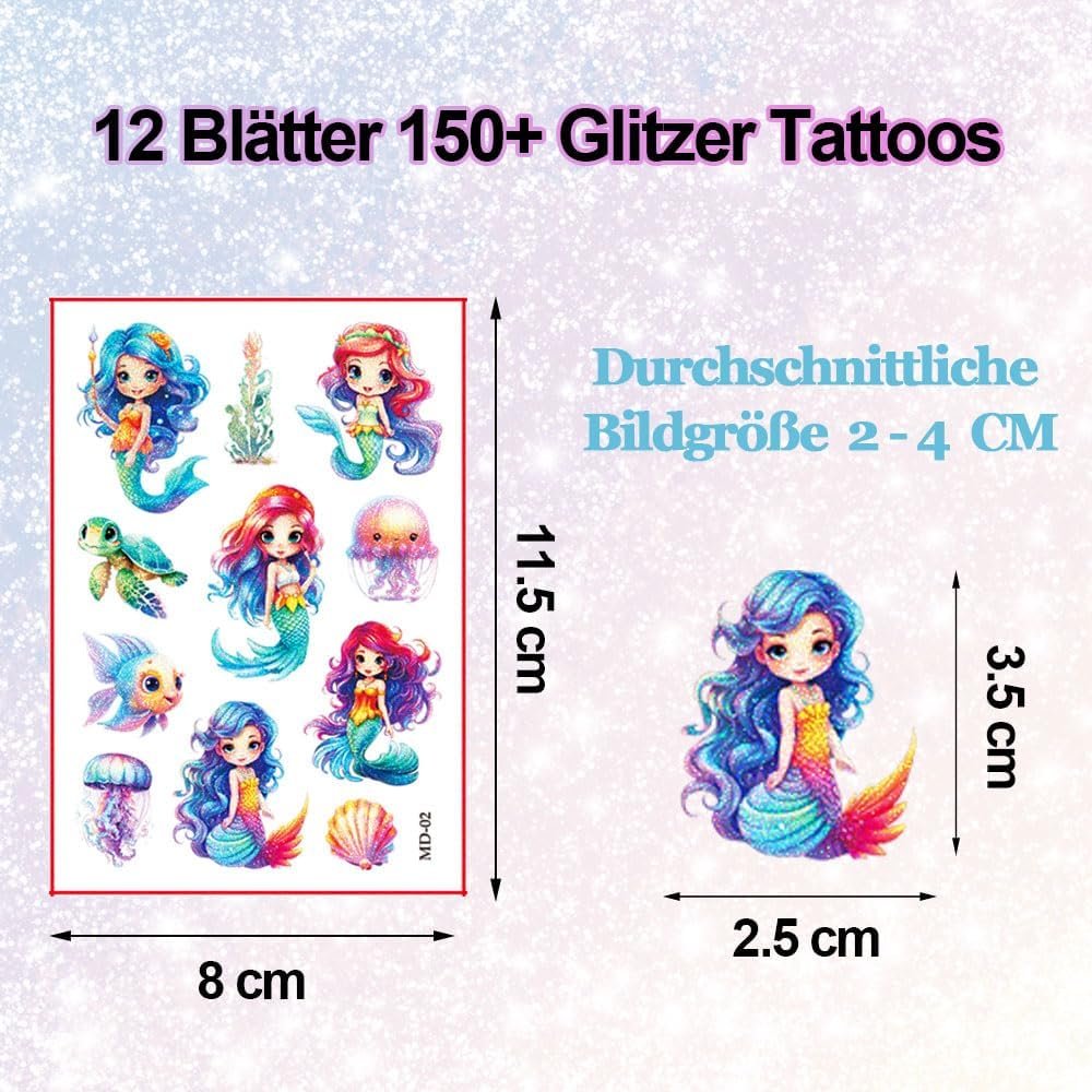 Sirena Tatuaggio Glitter Bambini, 12 Foglie Tatuaggi Temporanei per Bambinis, Ragazzo Ragazza Gadget Compleanno, Idee Regalo, Piccola Selvaggina - Image 3