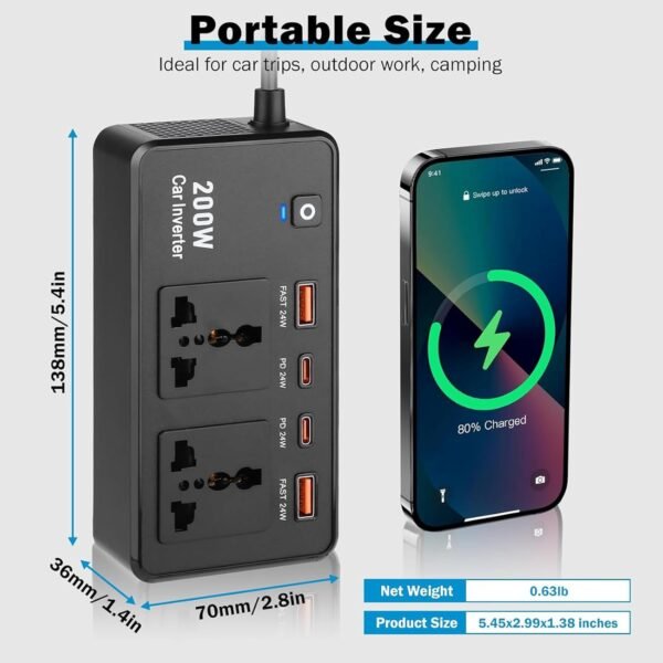 Inverter di potenza per auto, 200 W, da CC 12 V a CA 220 V, con porte USB per tablet, computer portatili e dispositivi mobili, lunghi viaggi d'affari - Image 8