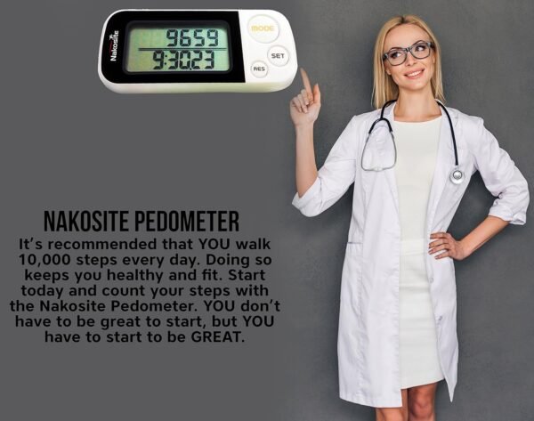 NAKOSITE il Miglior Pedometro contapassi e calorie donna uomo bambino con cinghia e clip. Calcolatore di distanza camminata (chilometri & miglia), modalità di esercitazione, tracciamento delle prestazioni quotidiane, 30 giorni di memoria, costruito con tecnologia tre-assi (basata su sensori , Bianco, e display digitale di facile lettura - Image 8