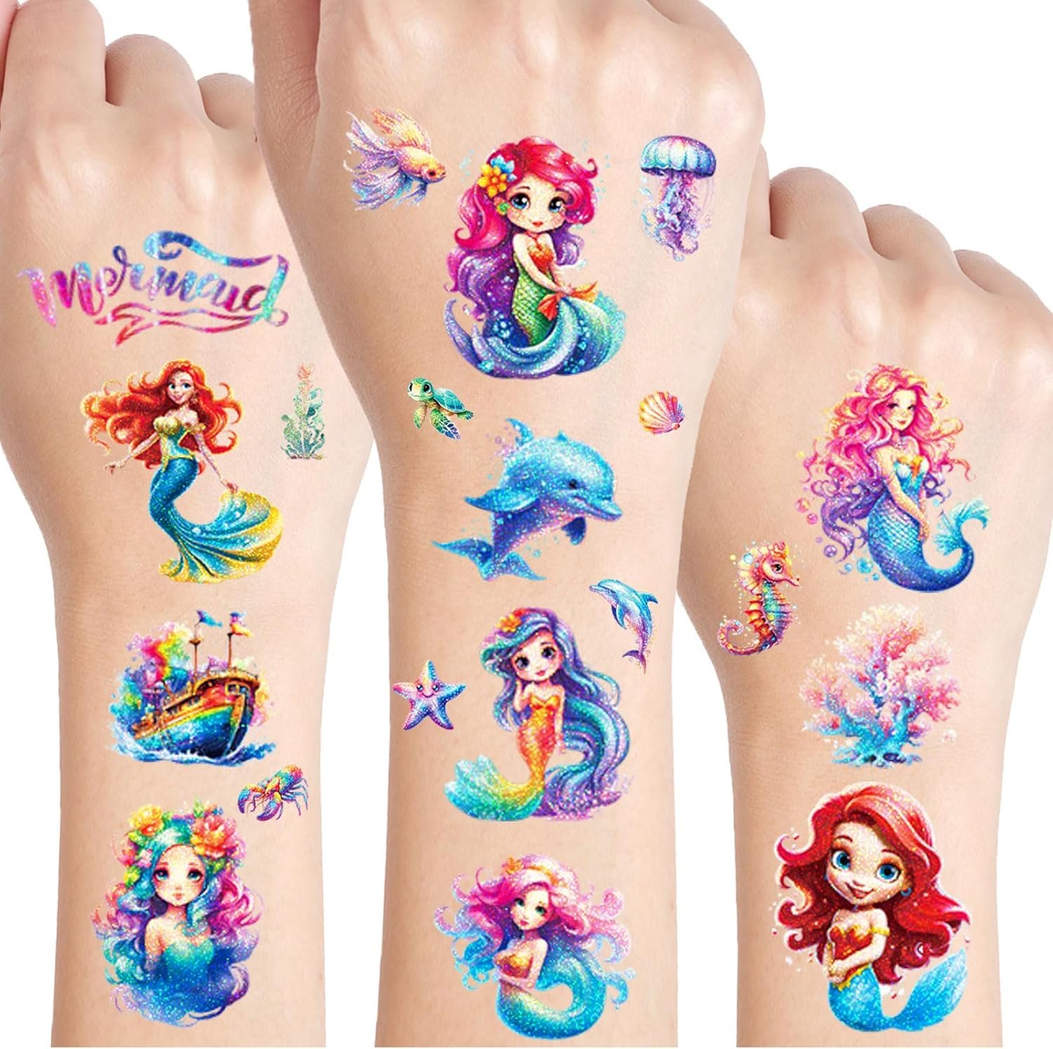 Sirena Tatuaggio Glitter Bambini, 12 Foglie Tatuaggi Temporanei per Bambinis, Ragazzo Ragazza Gadget Compleanno, Idee Regalo, Piccola Selvaggina