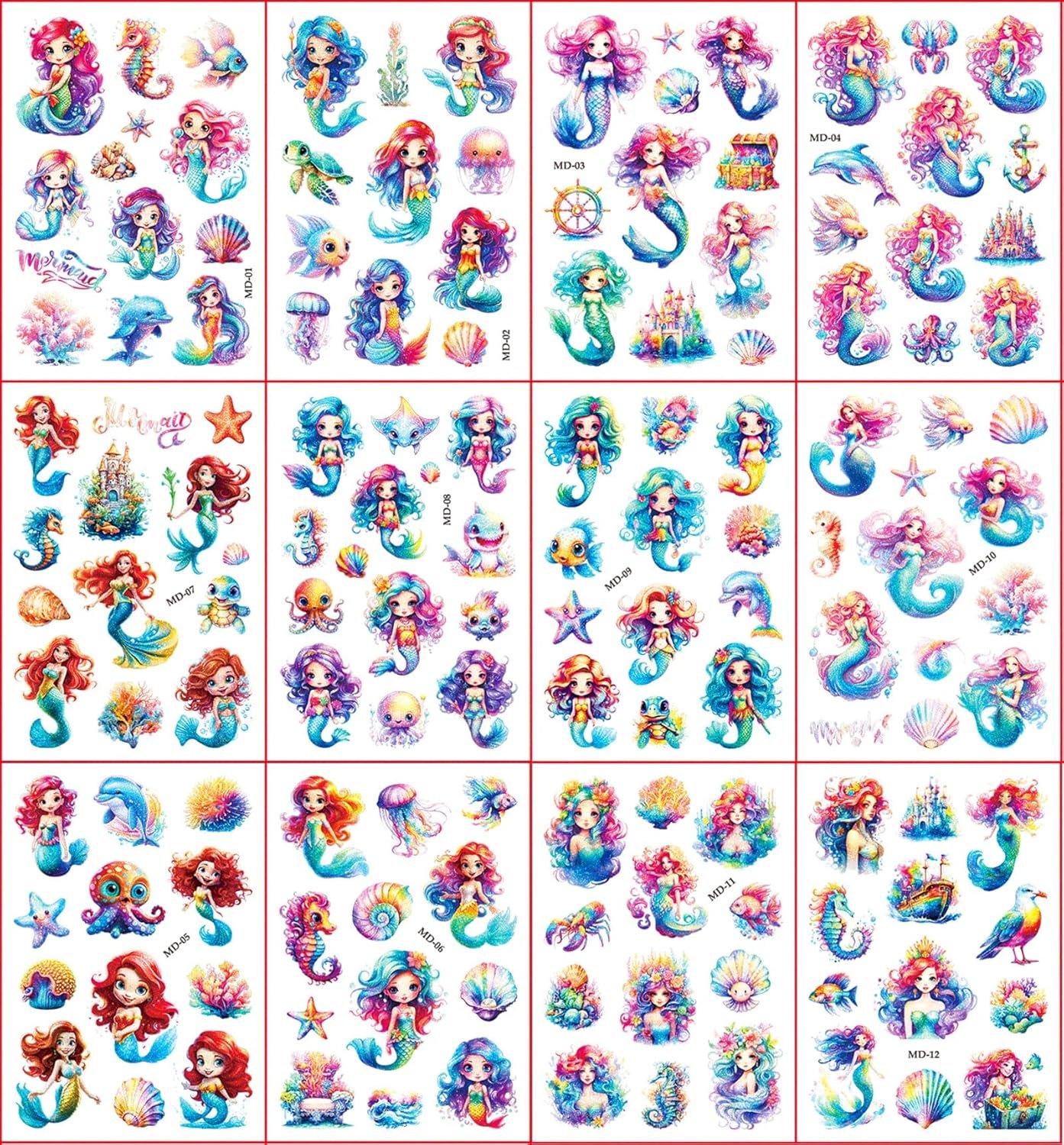 Sirena Tatuaggio Glitter Bambini, 12 Foglie Tatuaggi Temporanei per Bambinis, Ragazzo Ragazza Gadget Compleanno, Idee Regalo, Piccola Selvaggina - Image 2