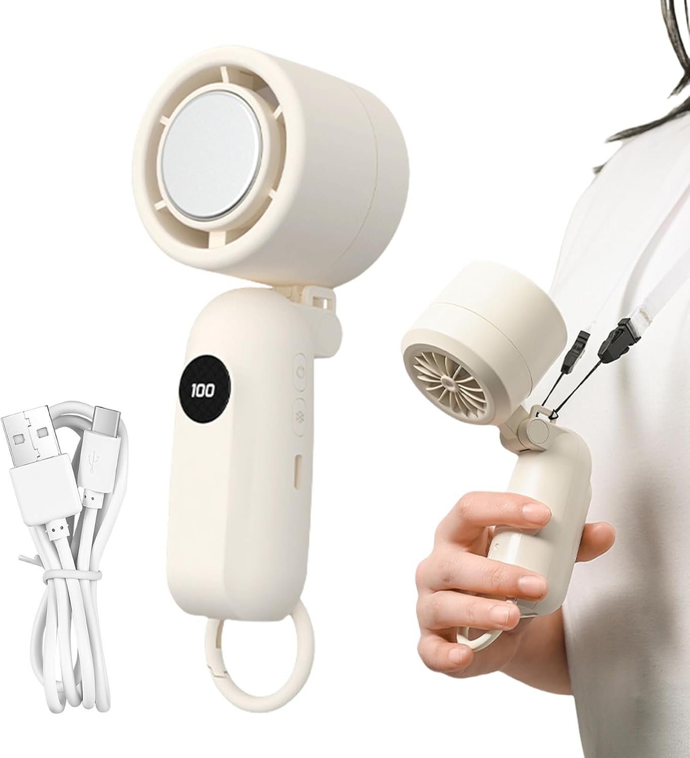 Ventilatore Portatile A Mano,Ventilatore Elettrico Compatto con Raffreddamento - Display LED con 3 Velocità Silenziose e Accessori Tecnologici a Batteria per Bambini, Donne e Uomini