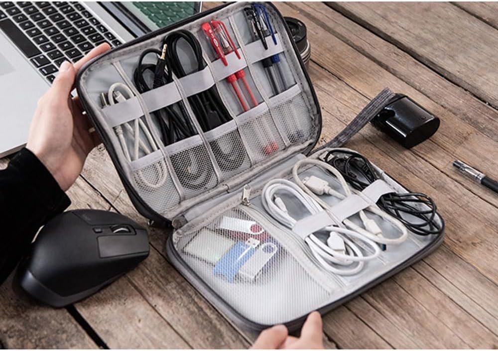 Borsa organizer compatta per cavi, custodia impermeabile da viaggio per cavi, caricabatterie e gadget, custodia portatile per cavi per casa, ufficio e viaggi di lavoro, grigio chiaro - Image 3