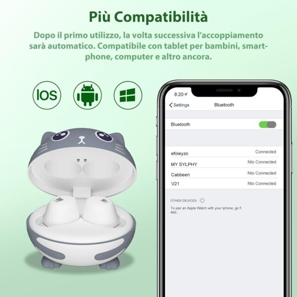 Cuffie per Bambini, Auricolari Bluetooth 5.3, Limite Di Volume 85 dB, 30Hrs Playback Cuffie Bluetooth Bambina, Cuffie Bluetooth Bambini con Microfono, Impermeabile, Cuffie Gatto, grigio&bianco - Image 5