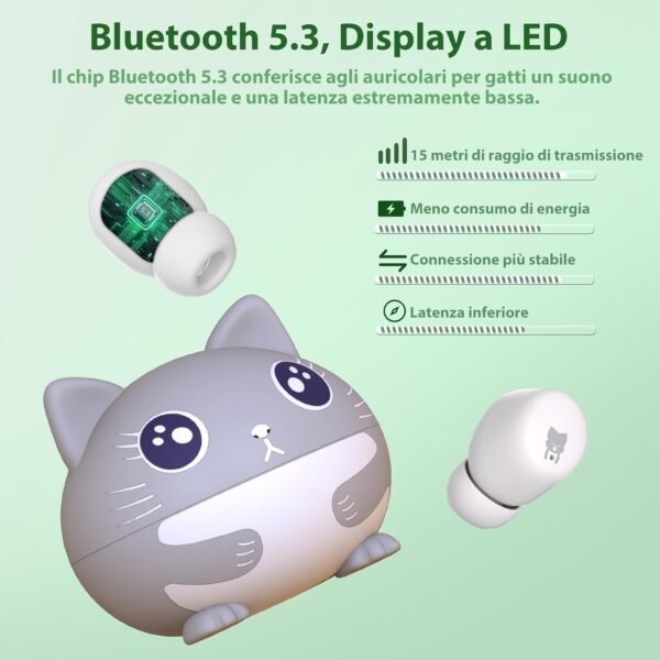 Cuffie per Bambini, Auricolari Bluetooth 5.3, Limite Di Volume 85 dB, 30Hrs Playback Cuffie Bluetooth Bambina, Cuffie Bluetooth Bambini con Microfono, Impermeabile, Cuffie Gatto, grigio&bianco - Image 6