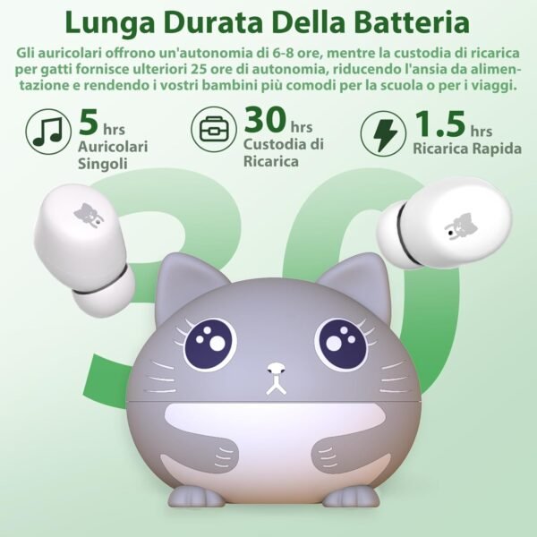 Cuffie per Bambini, Auricolari Bluetooth 5.3, Limite Di Volume 85 dB, 30Hrs Playback Cuffie Bluetooth Bambina, Cuffie Bluetooth Bambini con Microfono, Impermeabile, Cuffie Gatto, grigio&bianco - Image 4