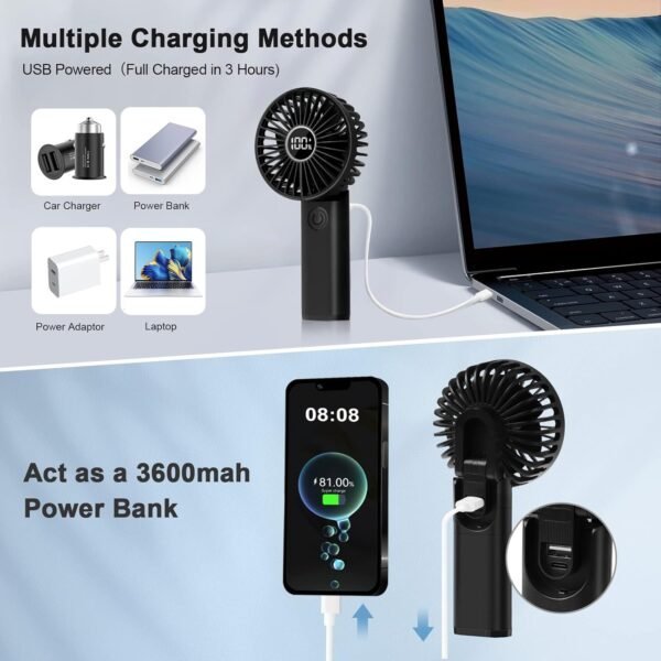 Mini Ventilatore Portatile, 3600mAh Batteria Ventilatore USB Ricaricabile, Tascabile Ventilatore a Mano con 6 Velocità, Piccolo Ventilatori da Tavolo Pieghevole, Ventola Elettrico con Powerbank Nero - Image 5