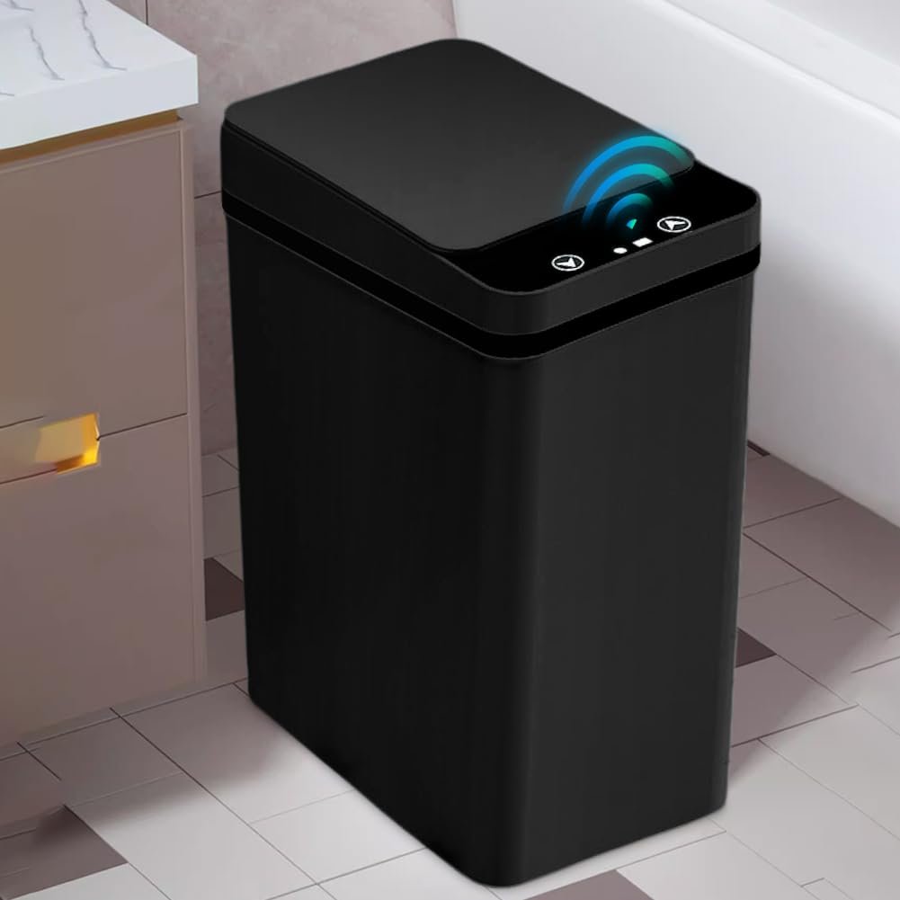Zinueen 12L Sensore Besco di rifiuti da bagno nero con tecnologia sensore bidone del bagno per ufficio impermeabile touchless con coperchio e nessuna funzione di rumore