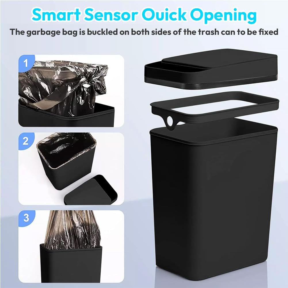 Zinueen 12L Sensore Besco di rifiuti da bagno nero con tecnologia sensore bidone del bagno per ufficio impermeabile touchless con coperchio e nessuna funzione di rumore - Image 5