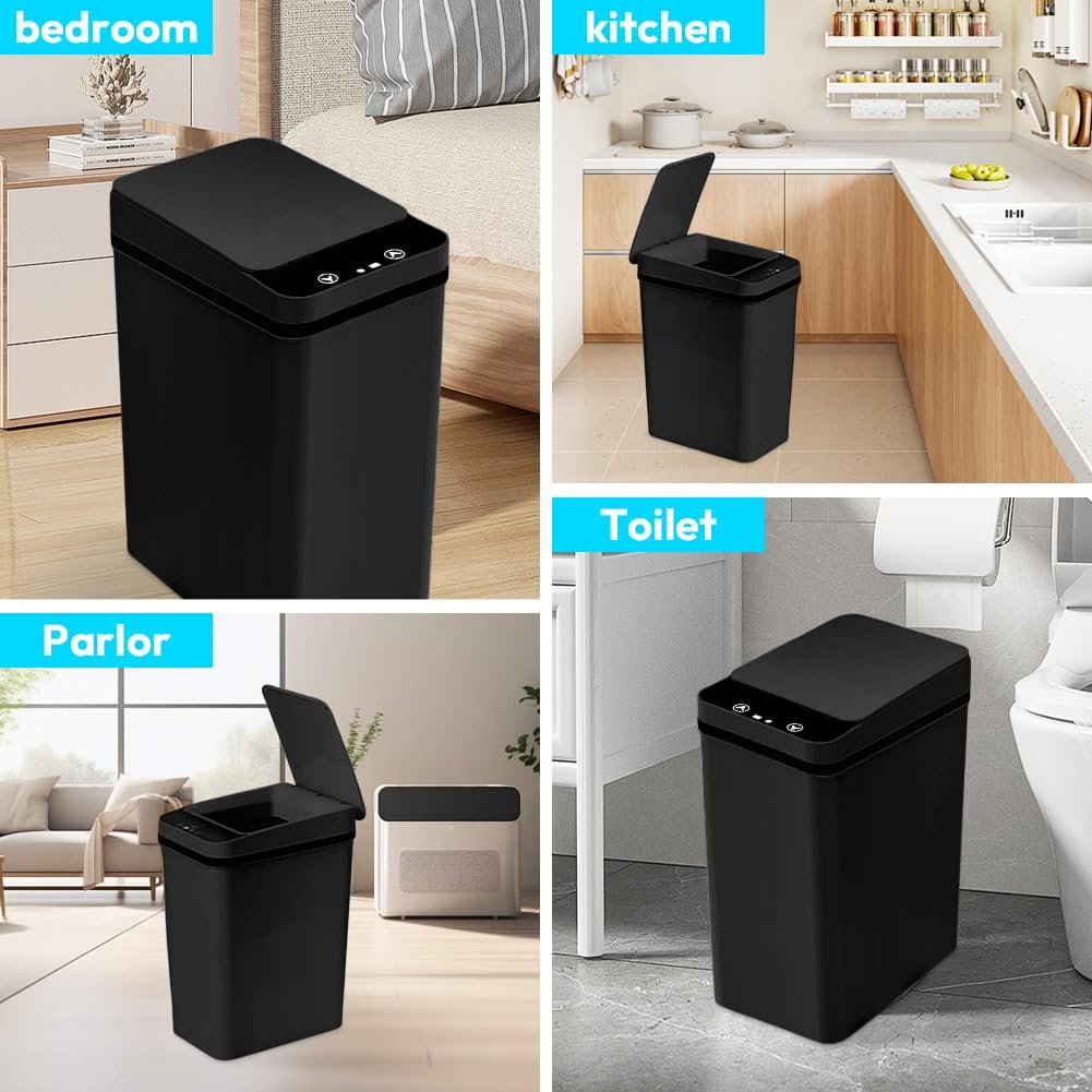 Zinueen 12L Sensore Besco di rifiuti da bagno nero con tecnologia sensore bidone del bagno per ufficio impermeabile touchless con coperchio e nessuna funzione di rumore - Image 6