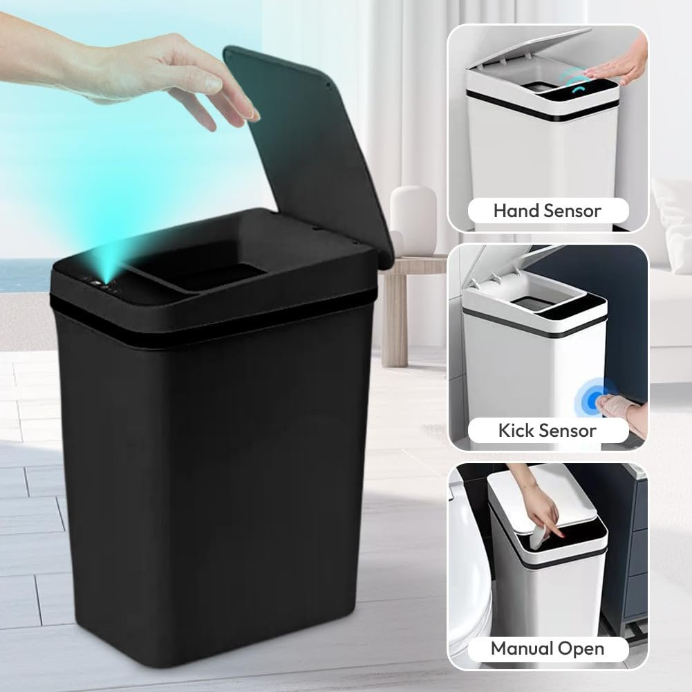 Zinueen 12L Sensore Besco di rifiuti da bagno nero con tecnologia sensore bidone del bagno per ufficio impermeabile touchless con coperchio e nessuna funzione di rumore - Image 4