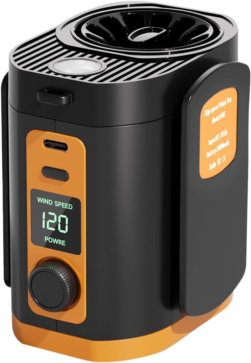Ventilatore portatile da vita, ventilatore personale di raffreddamento in vita, gadget alla moda, torcia a LED a 120 velocità, per spiaggia, escursionismo, sport, vacanze, viaggi, picnic, campeggio