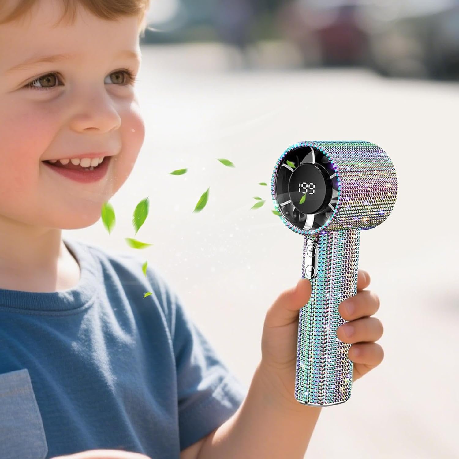 Ventilatore tascabile portatile | Ventilatore portatile con strass a mano per rinfrescare personale - Gadget ricaricabile con display a LED per vacanze escursionismo campeggio - Image 6