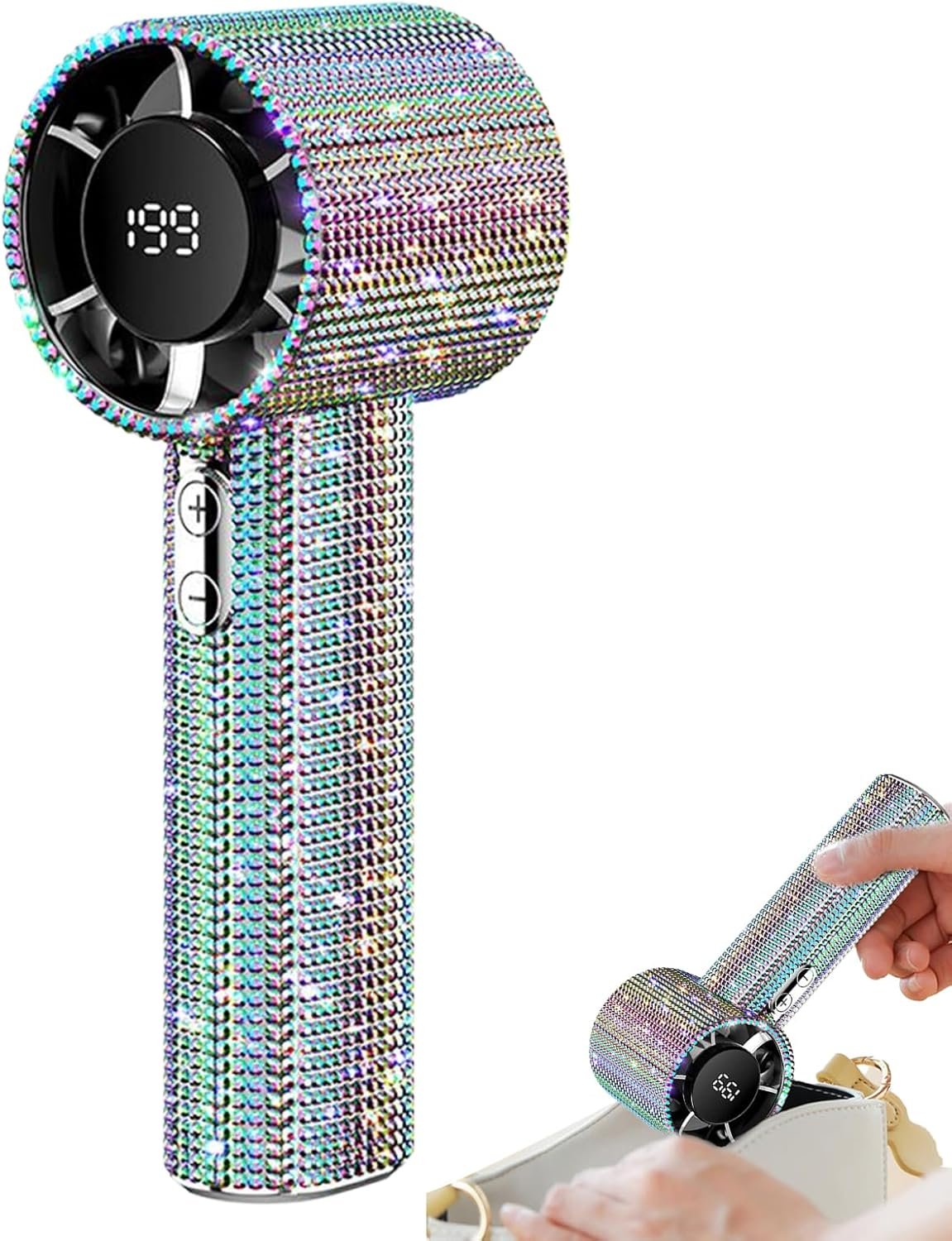 Ventilatore tascabile portatile | Ventilatore portatile con strass a mano per rinfrescare personale - Gadget ricaricabile con display a LED per vacanze escursionismo campeggio